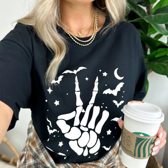 Black Halloween Bat & Skeleton Hand Graphic Tee - Picture 6 of 12
